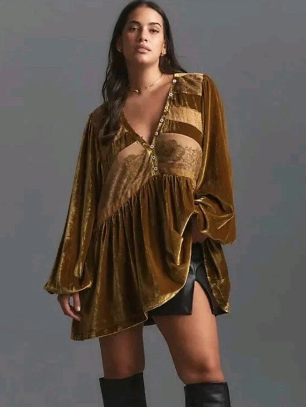 Anthropologie Peplum Babydoll Top Med Green Velvet Long Sleeve Lace V-Neck Boho